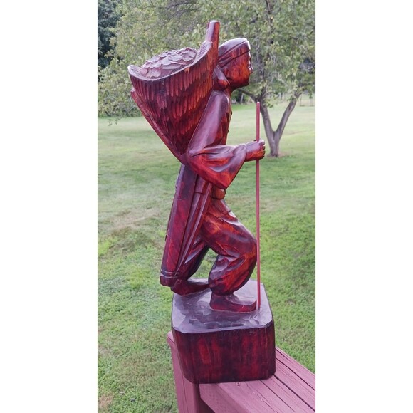 VTG Solid Wood Hand Carved Asian Chinese Man Staff Pack Statue Figure Sculpture - Picture 3 of 6